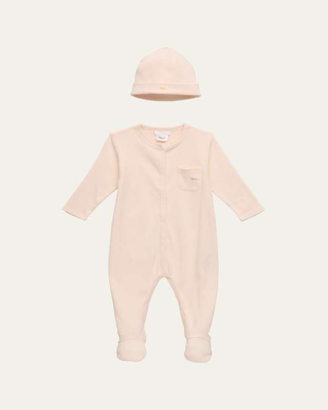 Girl's Embroidered Footie Pajamas W/ Hat Set, Size Newborn-